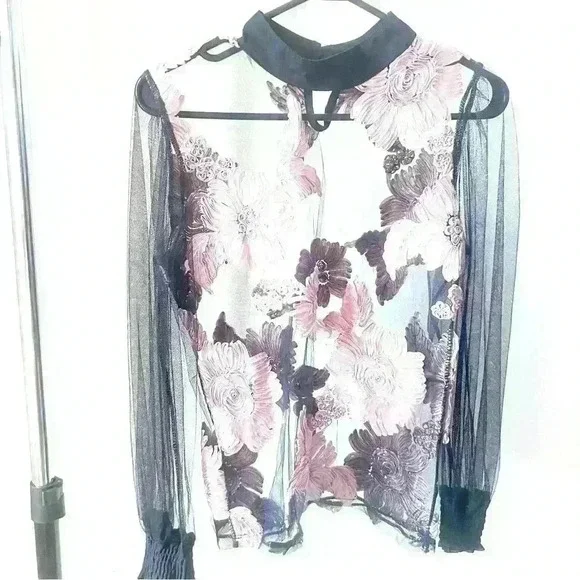 BLACK MESH LONG SLEEVE WITH PINK ROSES BLOUSE  ROUND RUFFLE NECK SIZE SMALL - Picture 2 of 7